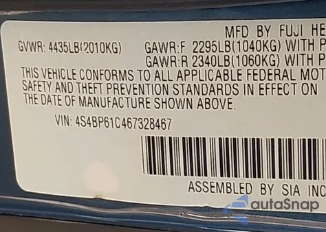 2006 Subaru Outback 2.5I из США, поврежденный, VIN 4S4BP61C467328467